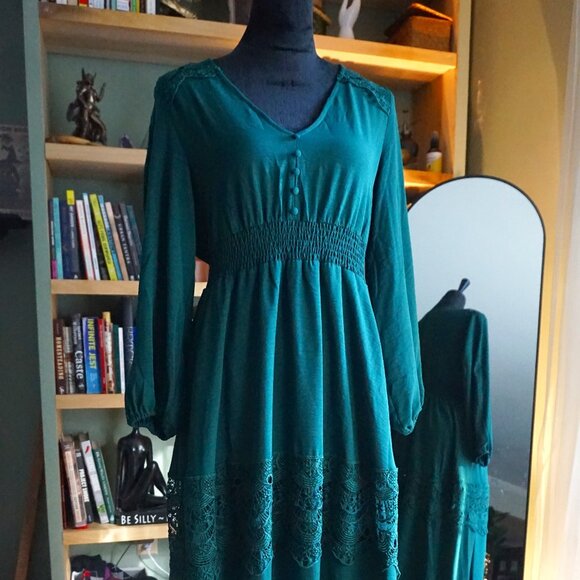 Long Sleeve Maxi Dress Dark Green V Neck Lace Boho Dress - Picture 1 of 10